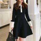 Long-sleeve Collared A-line Dress Black - One Size