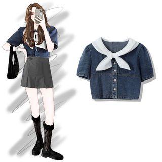 Two Tone Bow Denim Cropped Top