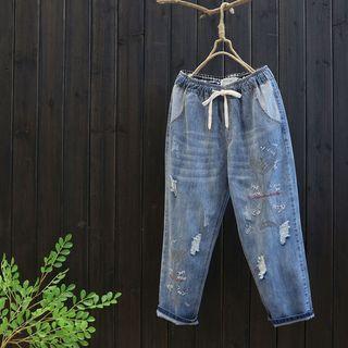 Elastic Waist Embroidered Ripped Jeans