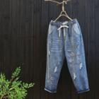 Elastic Waist Embroidered Ripped Jeans
