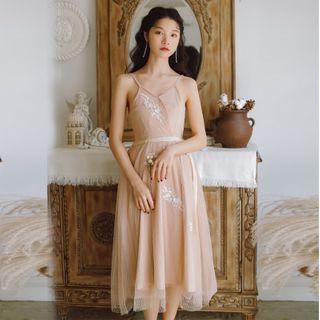 Spaghetti Strap Mesh Midi A-line Dress