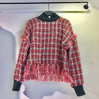 Mock Neck Fringed Tweed Sweatshirt