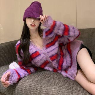 V-neck Striped Cardigan Purple - One Size