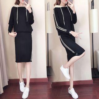 Set: Contrast-trim Knit Hoodie + Straight Cut Midi Knit Skirt