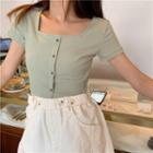 Buttoned Square-neck Short-sleeve T-shirt