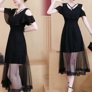 Lace Trim Mesh Panel Cold Shoulder Midi A-line Dress