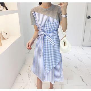 Short-sleeve Asymmetric-hem Contrast-panel Long Dress With Sash