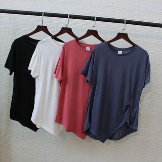 Asymmetric Hem Short-sleeve Shirred T-shirt