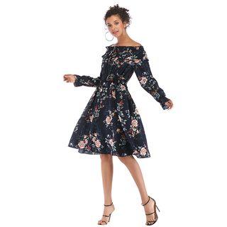 Cold Shoulder Floral Long-sleeve A-line Dress