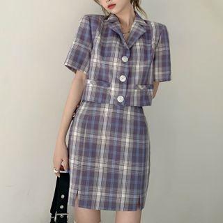 Short-sleeve Plaid Top / Pencil Skirt