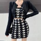 Cropped Cardigan / Houndstooth Knit Tube Top / Mini Fitted Skirt
