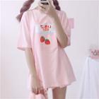Elbow-sleeve Strawberry Print T-shirt Pink - One Size