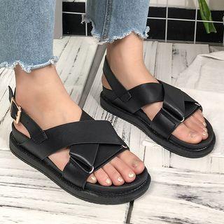 Faux Leather Crossover Strap Sandals