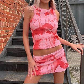 Set: Sleeveless Crew-neck Tie-dye Crop Top + Tie-dye Mini Pencil Skirt