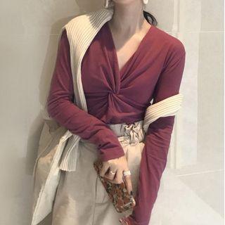 Long-sleeve V-neck T-shirt Purple - One Size