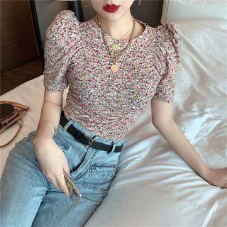 Floral Print Puff-sleeve Top Pink - One Size