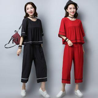 Set: Striped Elbow-sleeve Top + Wide-leg Pants