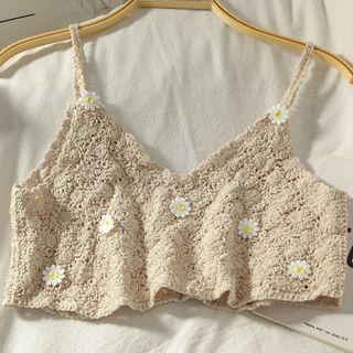 Spaghetti Strap Floral Knit Top Almond - One Size