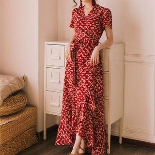 Short-sleeve Printed Maxi A-line Wrap Dress