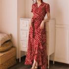Short-sleeve Printed Maxi A-line Wrap Dress