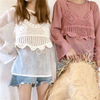 Set: Spaghetti Strap Perforated Top + Long-sleeve Top