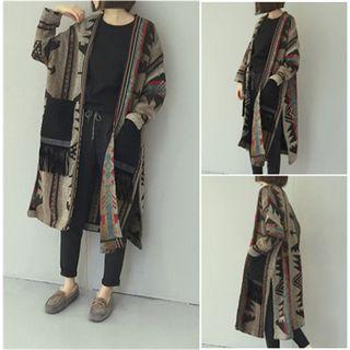 Printed Open Front Midi Jacket Khaki - One Size