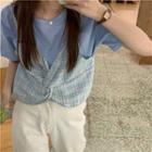 Mock Two-piece Short-sleeve Plaid Panel T-shirt Blue - One Size