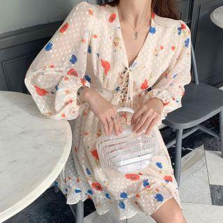 Long-sleeve Printed Mini A-line Chiffon Dress