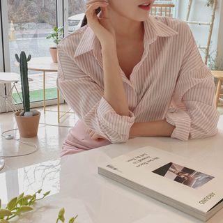 Drop-shoulder Stripe Cotton Shirt Pink - One Size