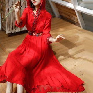 3/4-sleeve Floral Embroidered Hooded Midi A-line Dress