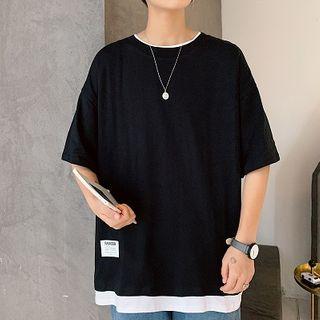 Mock Two-piece Elbow-sleeve Plain T-shirt