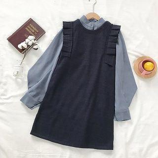 Set:plain Long-sleeve Blouse + Ruffled-trim Knit Sleeveless Dress