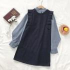 Set:plain Long-sleeve Blouse + Ruffled-trim Knit Sleeveless Dress