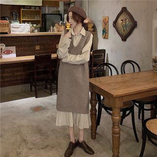 Accordion Pleat Midi Shirtdress / V-neck Long Knit Vest