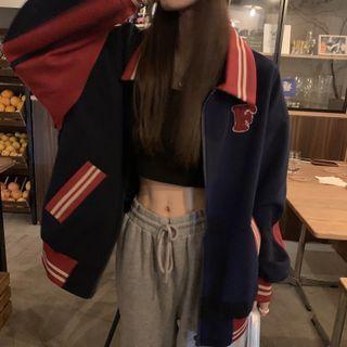 Long-sleeve Applique Color-block Zip Jacket