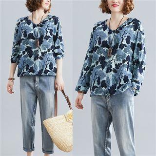 Patterned V-neck Long-sleeve Linen T-shirt Gray - One Size