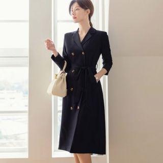 Tall Size Double-breasted Pleated-back Coatdress With Belt