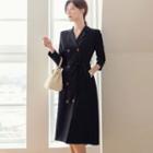Tall Size Double-breasted Pleated-back Coatdress With Belt