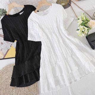 Round-neck Plain Mock Two-piece Panel Short-sleeve Dress