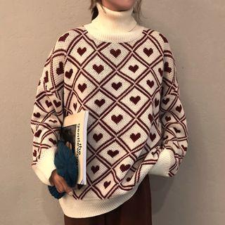 Turtleneck Heart Pattern Sweater