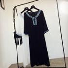 Embroidered 3/4 Sleeve Midi A-line Dress