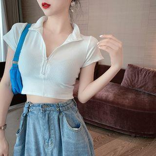 Collared Half-zip Short-sleeve Cropped Top