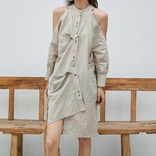 Striped Cold Shoulder Long-sleeve Shirtdress
