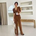 Shirred-sleeve Tie-waist Wrap Jumpsuit