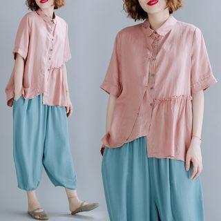 Short-sleeve Ruffled Plain Shirt