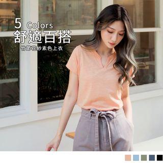 Notch Neck Short-sleeve Plain T-shirt