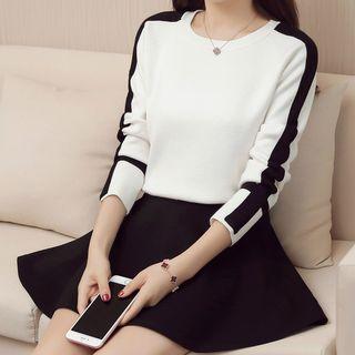 Set: Contrast Trim Sweater + High-waist A-line Skirt