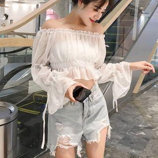 Off-shoulder Bell-sleeve Ruffle Trim Drawstring Blouse
