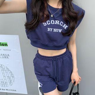 Lettering Embroidered Tank Top / Drawstring Shorts