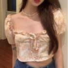 Puff-sleeve Tie-dye Print Cropped Blouse Light Yellow - One Size